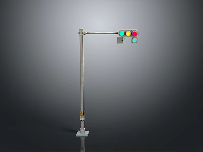 Traffic Light With Red Yellow Green Lights Mounted On Metal Pole Against Gray Background 3d model