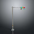 Traffic Light With Red Yellow Green Lights Mounted On Metal Pole Against Gray Background