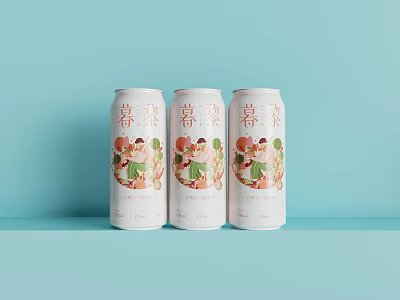 Three Canned Drinks With Fruit Illustrations And Chinese Labels On Light Blue Background 3d model