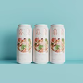 Three Canned Drinks With Fruit Illustrations And Chinese Labels On Light Blue Background