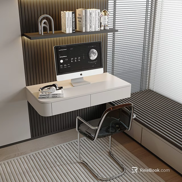 Stylish White Desk Setup With iMac Computer Eyeglasses Transparent Chair And Window Blinds 3d model 