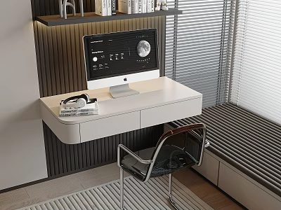 Stylish White Desk Setup With iMac Computer Eyeglasses Transparent Chair And Window Blinds 3d model