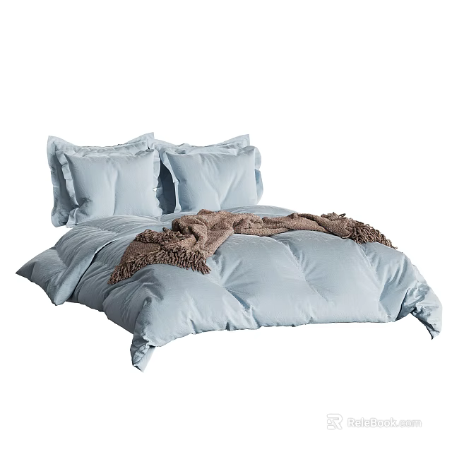 Soft Light Blue Bedding Set With Pillowcases And Brown Tassel Throw Blanket 3d model 