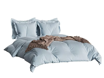 Soft Light Blue Bedding Set With Pillowcases And Brown Tassel Throw Blanket 3d model