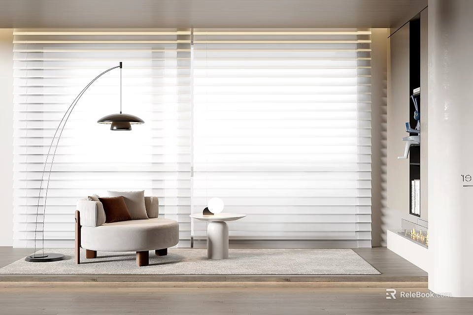 White Blinds In Modern Living Room With Sofa Floor Lamp And Coffee Table 3d model 