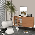 Wooden Decorative Cabinet With Drawers Glass Doors Near Palm Plant Table Lamp And Leopard Painting