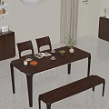 Wooden Modern Dining Table Set with Chairs Bench Fruits Magazine Candle and Potted Plant