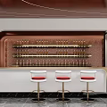 Elegant Modern Bar Counter Design With Wine Rack Bottles And Red Cushioned Stools