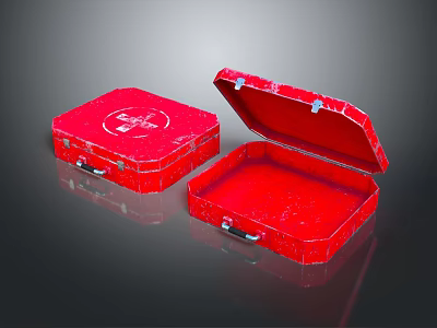 Red Metal Cases With Open And Closed Lids Featuring White Logo Design 3d model