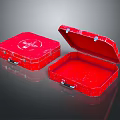 Red Metal Cases With Open And Closed Lids Featuring White Logo Design 3d model