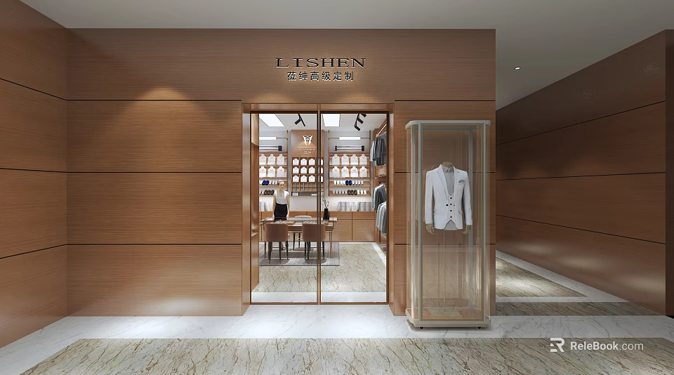 LISHEN Clothing Store Exterior Featuring Wooden Walls Glass Doors and White Suit in Display Case 3d model 