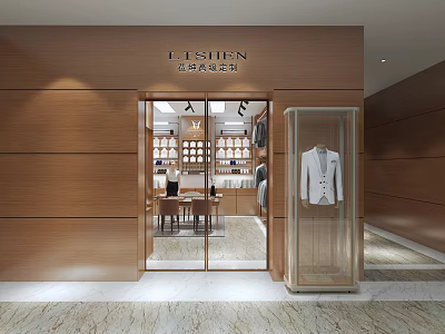 LISHEN Clothing Store Exterior Featuring Wooden Walls Glass Doors and White Suit in Display Case 3d model