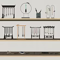 Chinese Style Decorative Items On Wooden Shelves With Lanterns Screens And Brushes