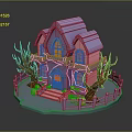 Halloween Themed Commercial Decoration Equipment With Purple Roof Pink House Lit Windows And Pumpkins