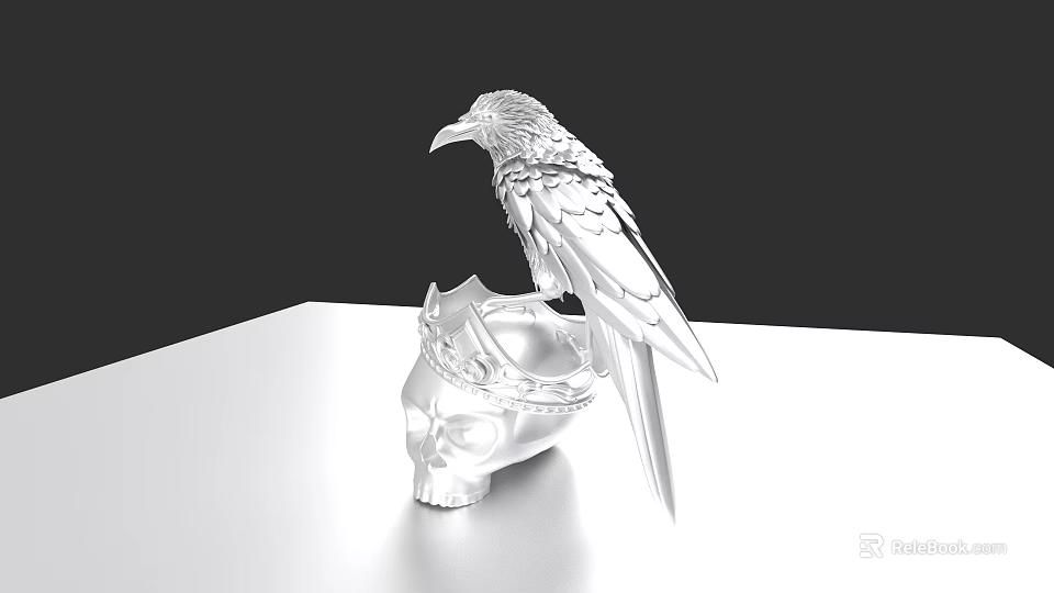 Silver Raven Perched On Skull With Crown As Flying Animal Decoration 3d model 
