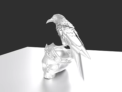 Silver Raven Perched On Skull With Crown As Flying Animal Decoration 3d model