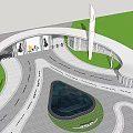Modern Entrance Gate With Curved Structure Green Lawn Circular Fountain And Driveway Walkway