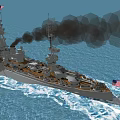 Battleship Sailing On Blue Ocean With Smoke From Chimneys And American Flag