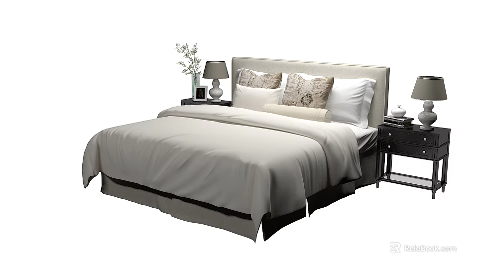 Modern Double Bed with Soft Bedspread Nightstand Table Lamp and Decorative Pillows 3d model