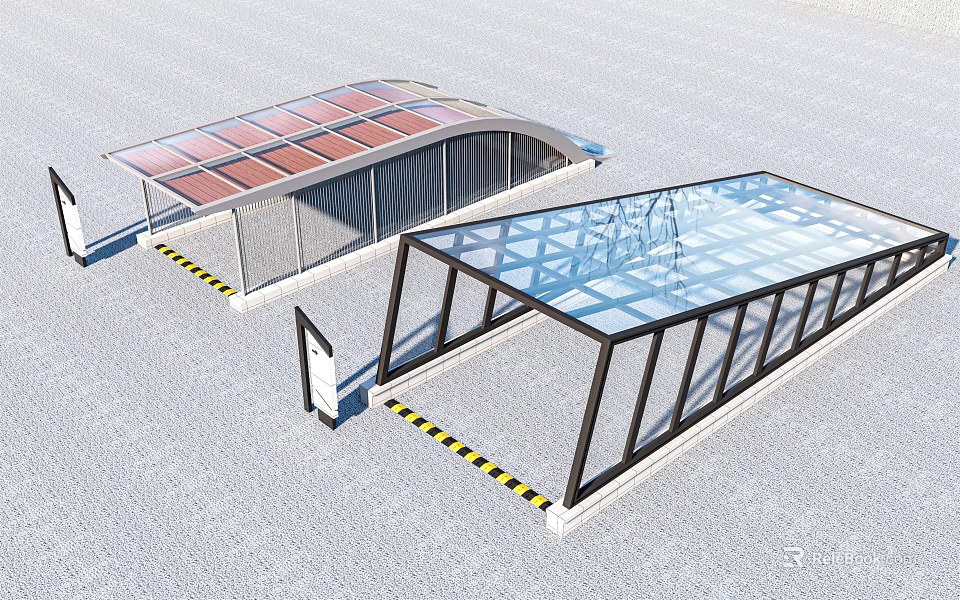 Modern Glass Roof Canopy Structures With Metal Frames Warning Stripes And Signage 3d model 