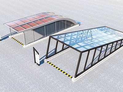 Modern Glass Roof Canopy Structures With Metal Frames Warning Stripes And Signage 3d model