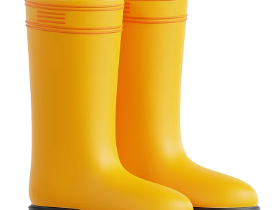 Yellow Tall Rain Boots With Orange Stripes And Black Rubber Soles 3d model