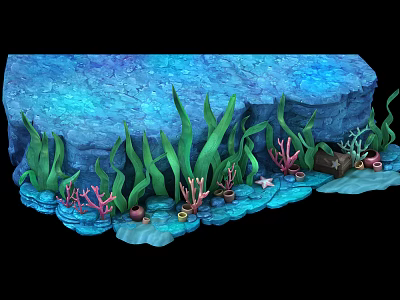 Cartoon Underwater Scene Featuring Blue Rocks Green Seaweed Pink Corals And Starfish 3d model