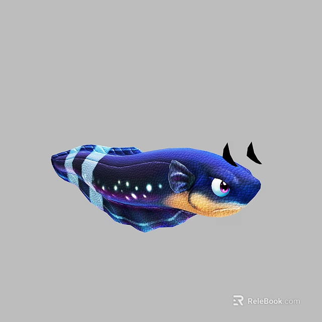 Colorful Blue Striped Aquatic Animal With White Spots Large Eyes And Black Horns 3d model 