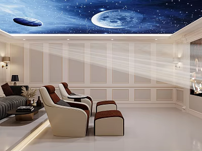 Modern Home Theater with Starry Sky Ceiling Moon Comfortable Seating and Projector Light Beams 3d model