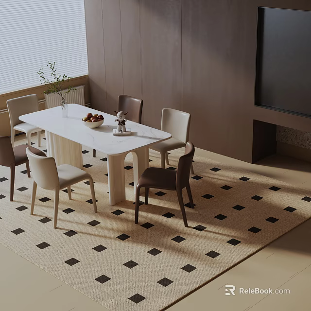 Modern Dining Table Set With White Top Mixed Color Chairs Fruit Bowl And Geometric Rug 3d model 
