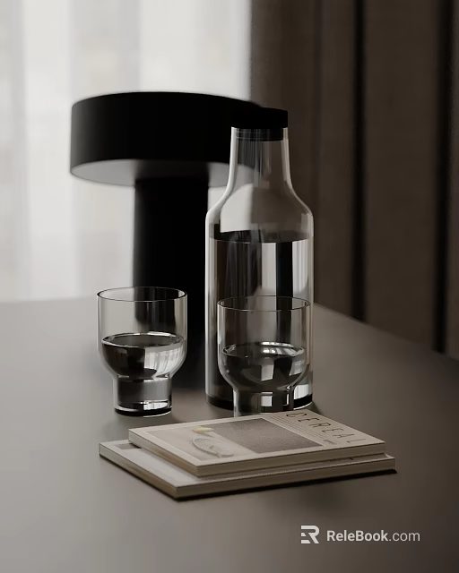 Decorative Ornament Set With Black Table Lamp Transparent Bottle Glass Cups And Book On Table 3d model 