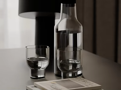 Decorative Ornament Set With Black Table Lamp Transparent Bottle Glass Cups And Book On Table 3d model