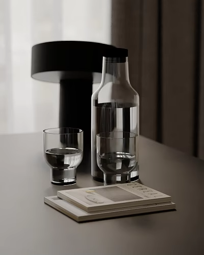 Decorative Ornament Set With Black Table Lamp Transparent Bottle Glass Cups And Book On Table 3d model