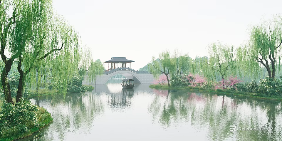 Tranquil Lake Scenery with Willow Trees Bridge Pavilion and Pink Flower Reflections 3d model 
