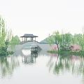 Tranquil Lake Scenery with Willow Trees Bridge Pavilion and Pink Flower Reflections