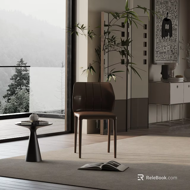 Modern Brown Leather Leisure Chair by Window with Mountain View and Bamboo Plant Interior 3d model 