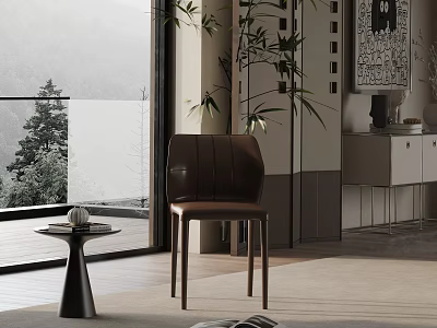 Modern Brown Leather Leisure Chair by Window with Mountain View and Bamboo Plant Interior 3d model