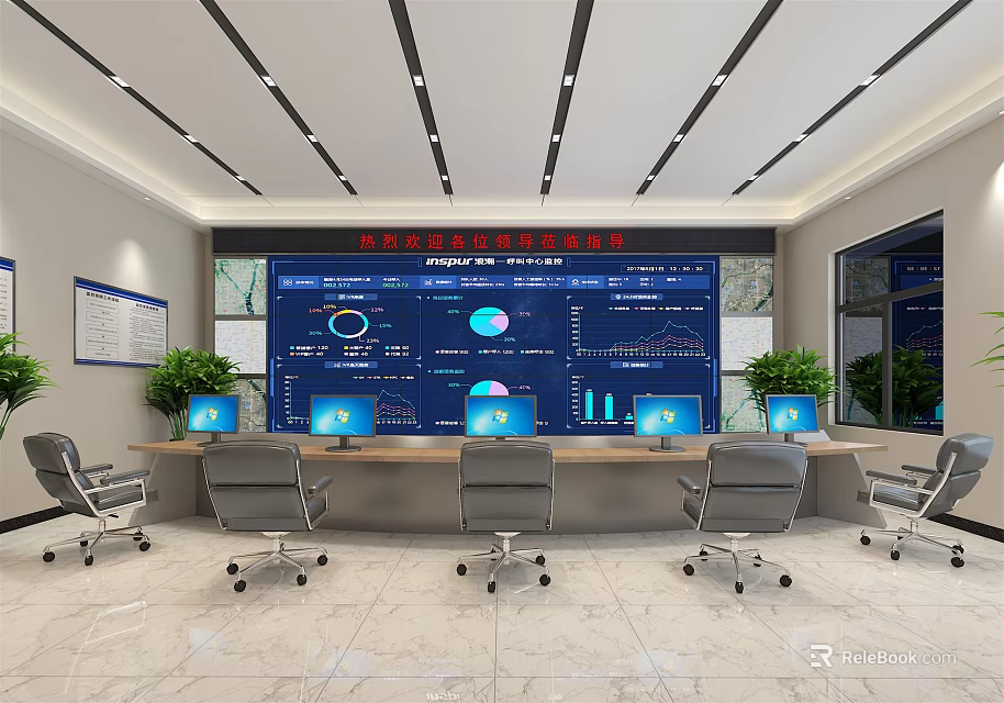 Modern Monitoring Room Featuring Large Display Screen Multiple Computers Office Chairs And Green Plants 3d model 