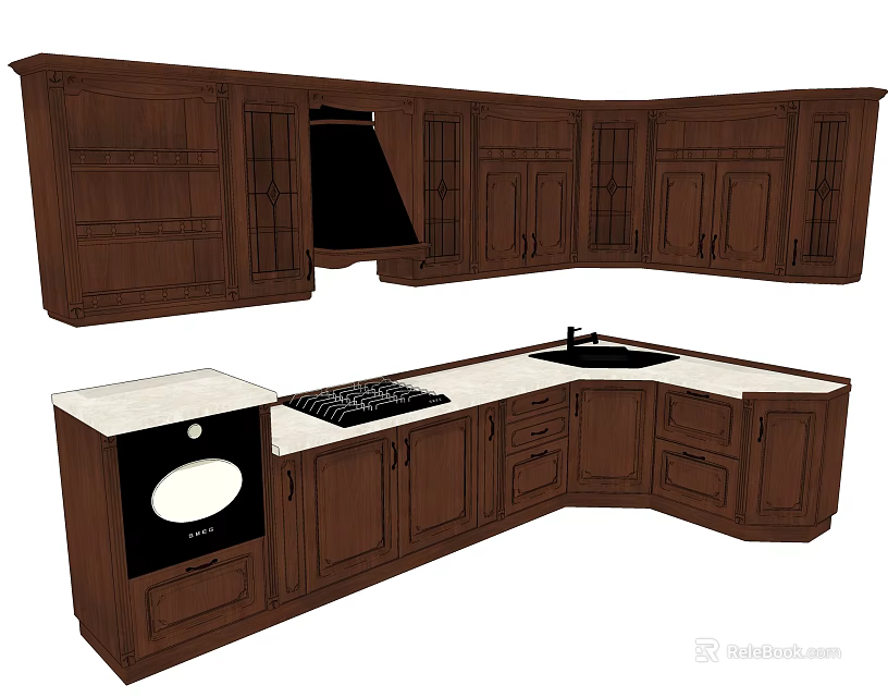 Traditional Dark Brown Wooden Kitchen Cabinets With Upper Lower Units And White Countertop 3d model 