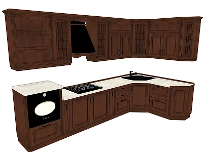 Traditional Dark Brown Wooden Kitchen Cabinets With Upper Lower Units And White Countertop 3d model
