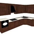 Traditional Dark Brown Wooden Kitchen Cabinets With Upper Lower Units And White Countertop