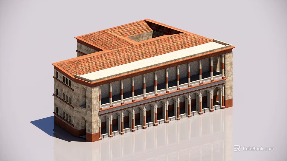 European Style Architecture Two Story Building With Red Tiled Roof Arched Arcades And Stone Walls 3d model 