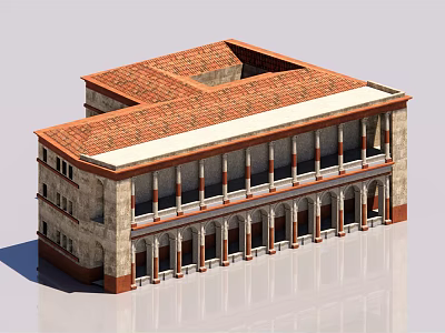 European Style Architecture Two Story Building With Red Tiled Roof Arched Arcades And Stone Walls 3d model