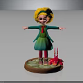 Curly Yellow Hair Girl In Green Coat And Dress With Small Red Spiked Tentacled Creature