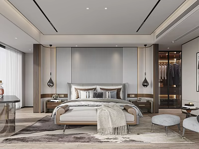 Modern Bedroom Interior Design With Comfortable Bed Nightstands And Area Rug Wardrobe And Pendant Lights 3d model