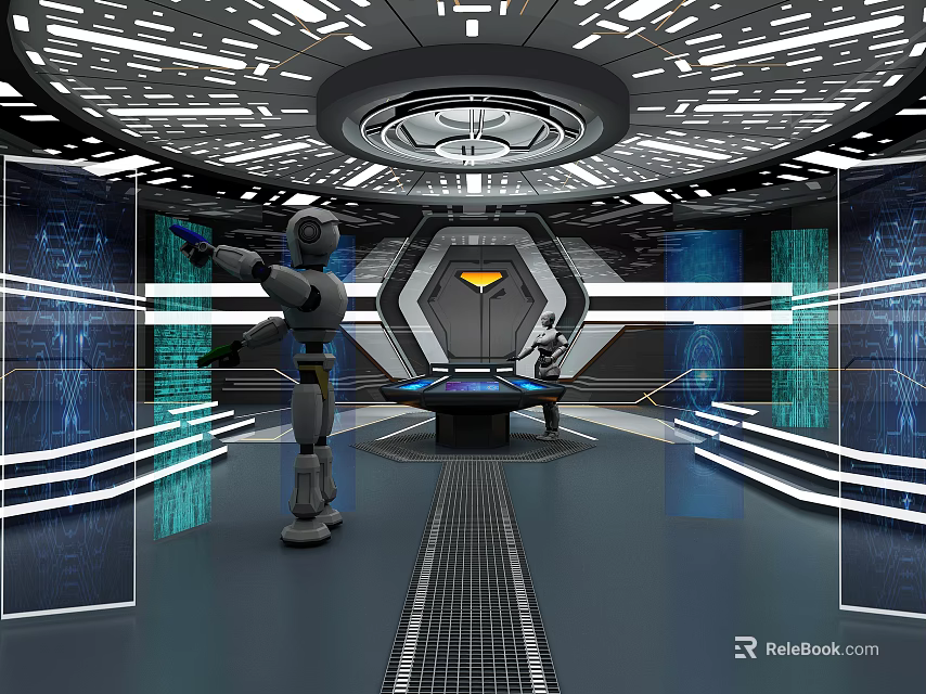Advanced Futuristic Tech Environment With Robots Central Console And Illuminated Screens 3d model