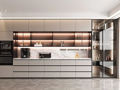 Modern Kitchen Wine Cabinet With Glass Doors Lighting And Marble Countertop 3d model