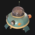 Cartoon Flying Saucer With Blue Yellow Design Transparent Dome Bottom Wheels And Small Antenna