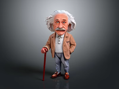 Cartoon Einstein Figure With White Hair Mustache Brown Coat Gray Pants And Walking Cane 3d model