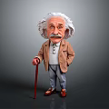 Cartoon Einstein Figure With White Hair Mustache Brown Coat Gray Pants And Walking Cane